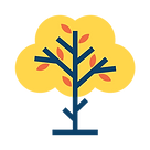 Stylized tree with yellow rounded foliage and small orange leaves.