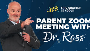 Bald man in suit points beside text Epic Charter Schools Parent Zoom Meeting with Dr. Ross on blue starry background.