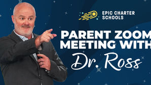 Bald man in suit points beside text Epic Charter Schools Parent Zoom Meeting with Dr. Ross on blue starry background.