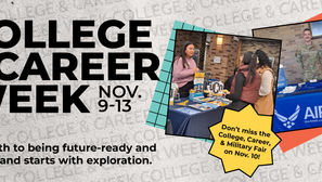 College & Career Week poster with student fair booths, Air National Guard display, and text Nov. 9-13.