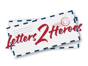 Envelope and stamp graphic with "Letters 2 Heroes" in bold red script. Blue border accents. Emphasis on communication and tribute.