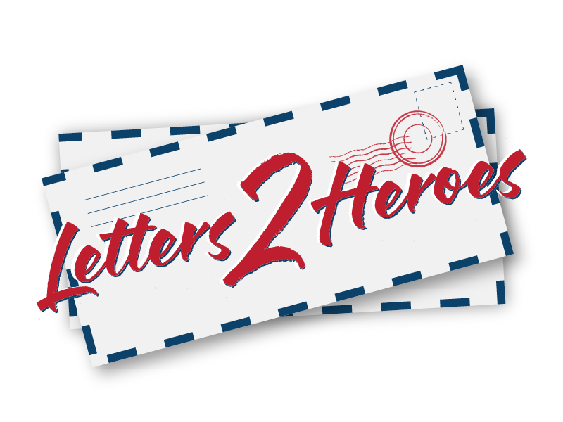 Envelope and stamp graphic with "Letters 2 Heroes" in bold red script. Blue border accents. Emphasis on communication and tribute.