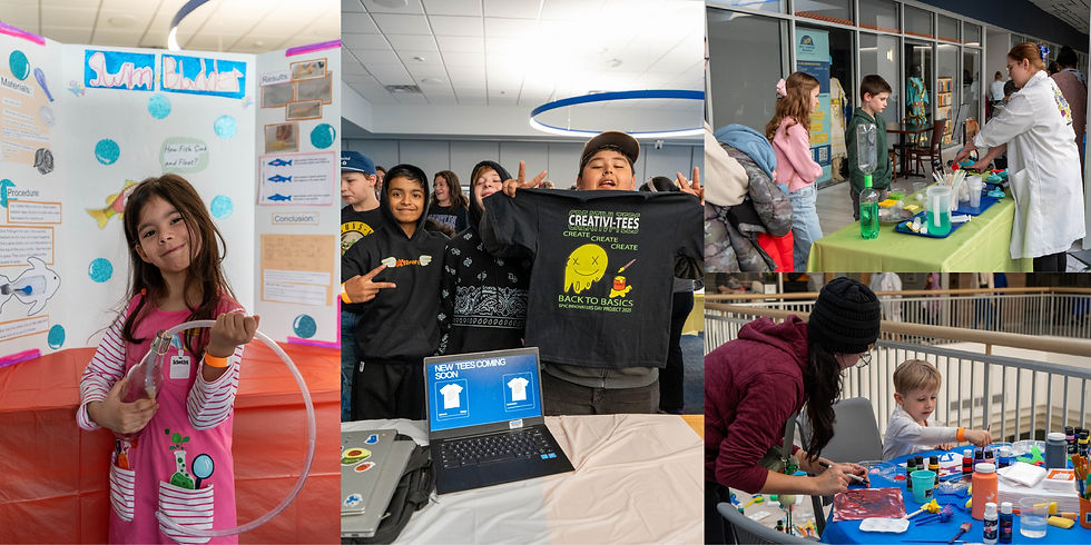 Kids at Innovators Day: a girl with a swim bladder, boys showing Creative Tees shirt, and children painting at tables.