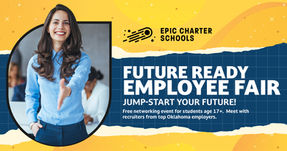 Smiling woman in a blue shirt extends hand for a handshake. Text: "Future Ready Employee Fair." Yellow and blue background with stars.