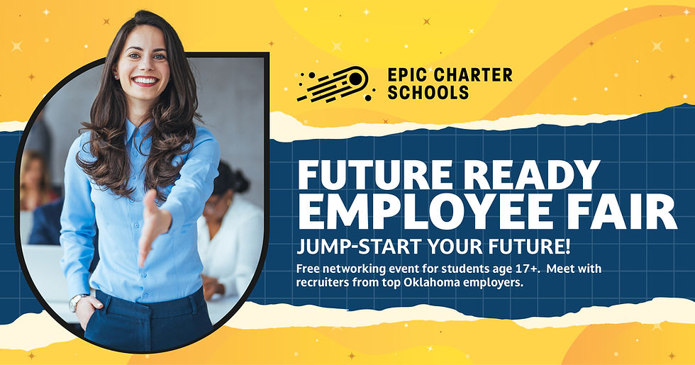 Smiling woman in a blue shirt extends hand for a handshake. Text: "Future Ready Employee Fair." Yellow and blue background with stars.