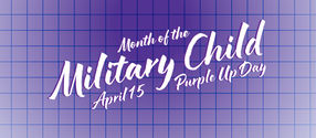 Text "Month of the Military Child, Purple Up Day, April 15" on a purple grid background. White script font conveys a celebratory mood.