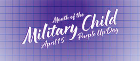 Text "Month of the Military Child, Purple Up Day, April 15" on a purple grid background. White script font conveys a celebratory mood.