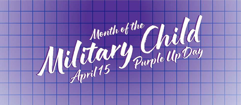 Text "Month of the Military Child, Purple Up Day, April 15" on a purple grid background. White script font conveys a celebratory mood.