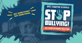 Anti-bullying poster with a child, bold STOP BULLYING, and See something? Say something! in blue and teal.