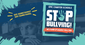Anti-bullying poster with child background, handprint STOP BULLYING, and text See something? Say something. We stand up against bullying.