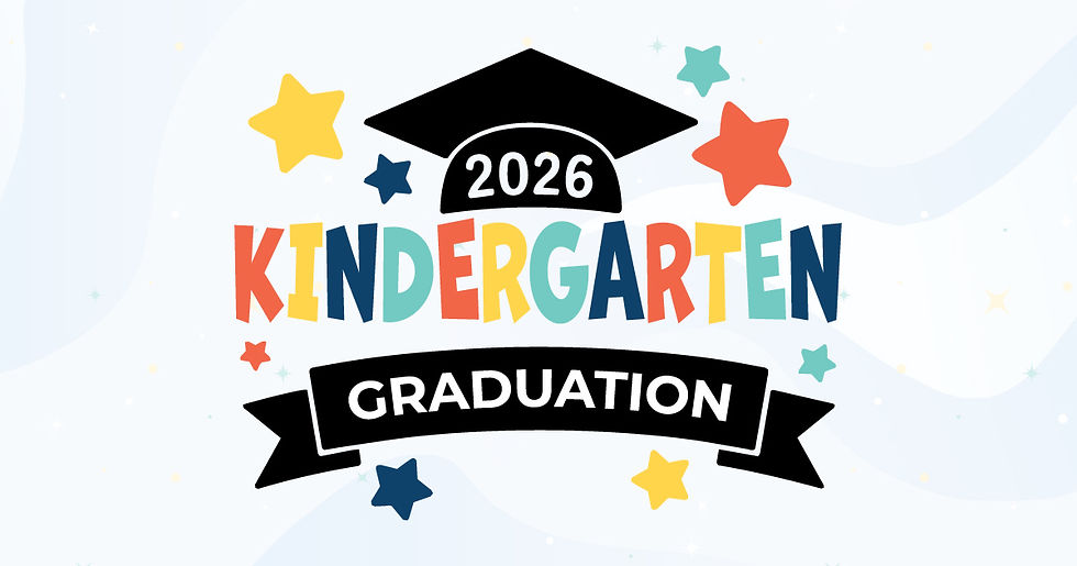 Colorful "Kindergarten Graduation 2026" text with stars and graduation cap on a light background, conveying a cheerful celebratory mood.