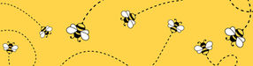 Cartoon bees fly across a yellow background, with dashed looping flight paths; playful repeating pattern.