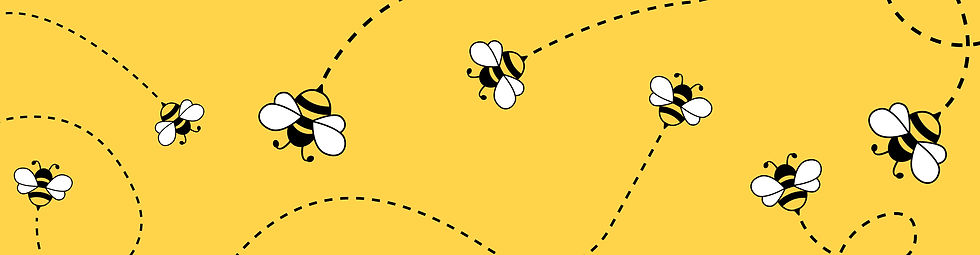 Cartoon bees fly across a yellow background, with dashed looping flight paths; playful repeating pattern.
