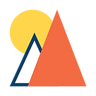 Stylized illustration of orange and blue mountains with a yellow sun.